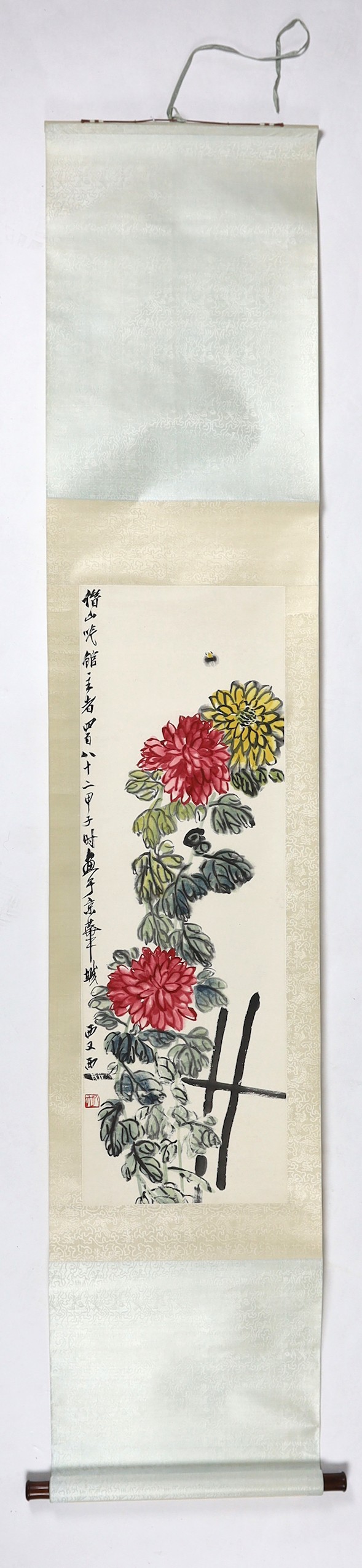 Qi Baishi (1864-1957), Bee and chrysanthemums, ink and colour on paper scroll painting, inscribed and with seal mark, Image 101cm x 33cm